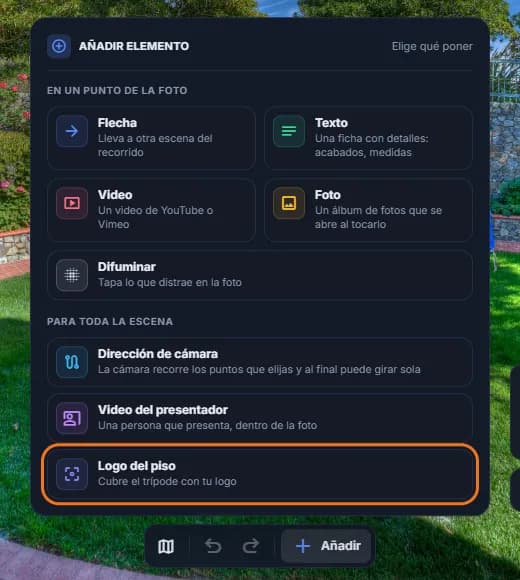 El menú «Añadir elemento» con la opción «Logo del piso» marcada