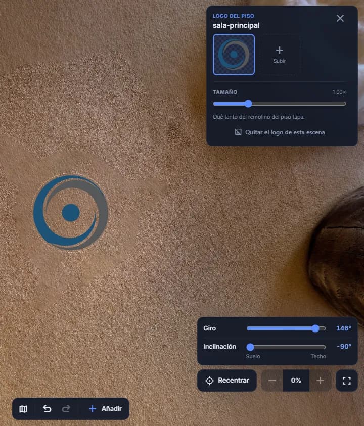 El panel «Logo del piso» con el logo elegido en el álbum, y el logo puesto en el piso de la escena