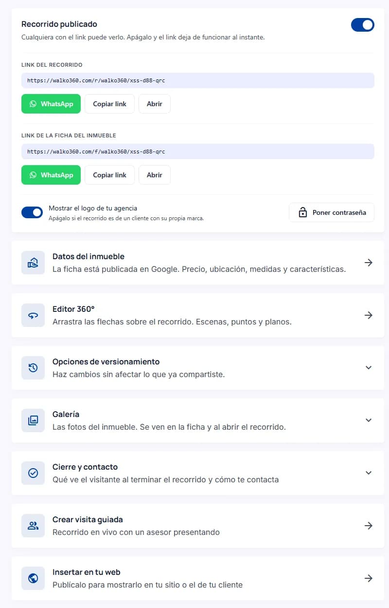 Las tarjetas del recorrido en tu panel: publicación, «Datos del inmueble», «Galería», «Cierre y contacto» y más