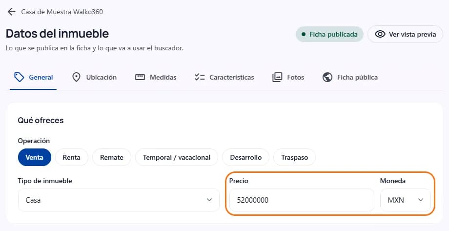 La tarjeta «Qué ofreces» de «Datos del inmueble», con el precio y la moneda marcados