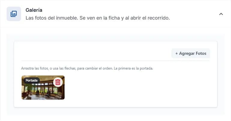 La tarjeta «Galería» del recorrido, con «+ Agregar Fotos» y la foto de portada