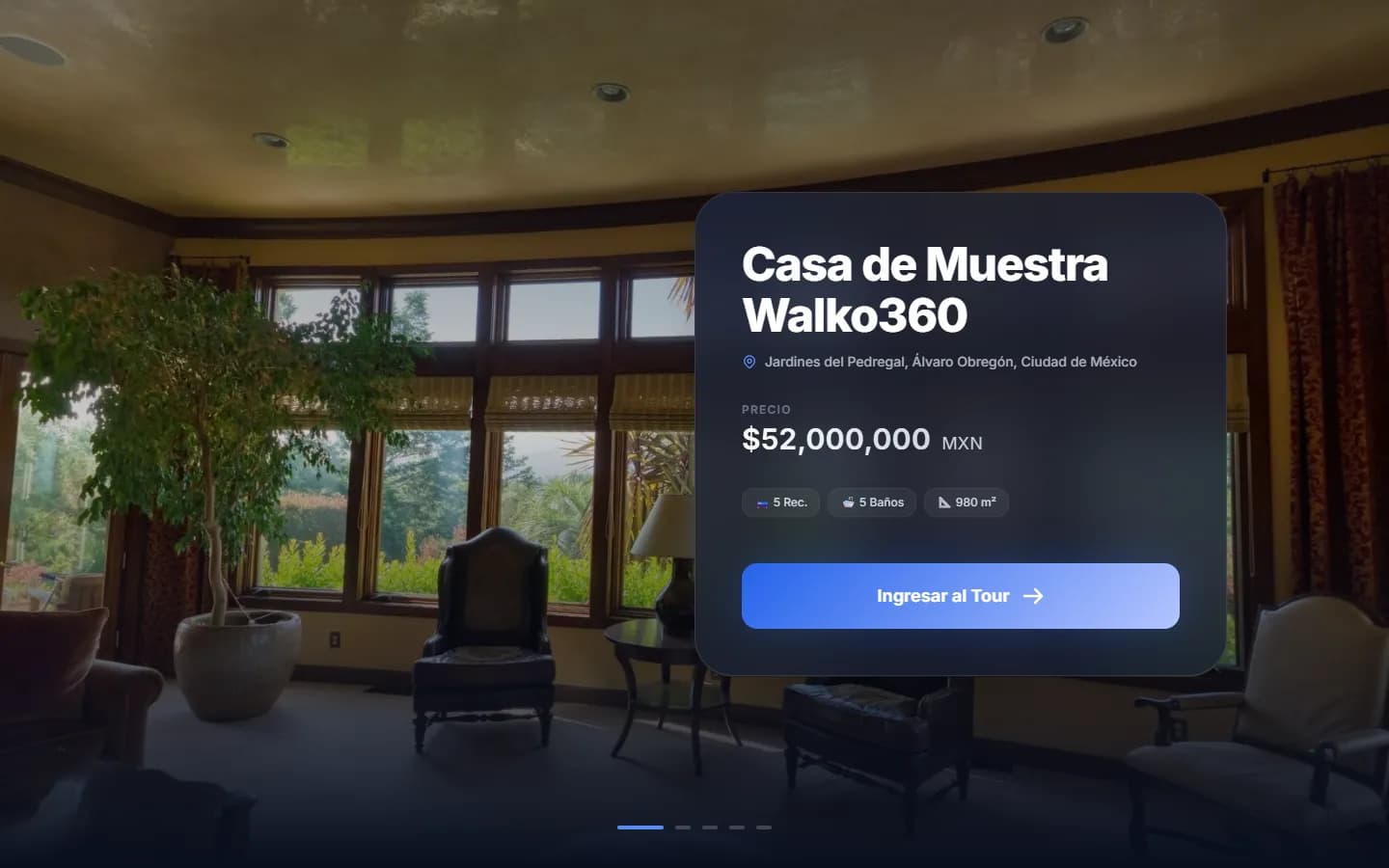 La pantalla de bienvenida con la zona, el precio, las recámaras, los baños y los metros construidos, y el botón «Ingresar al Tour»
