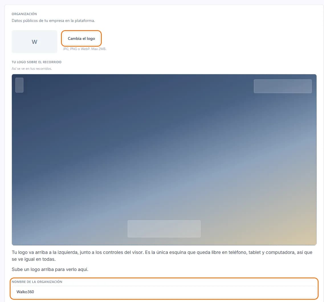 La sección «Organización» de «Configuración», con «Cambia el logo» y el nombre de la organización marcados