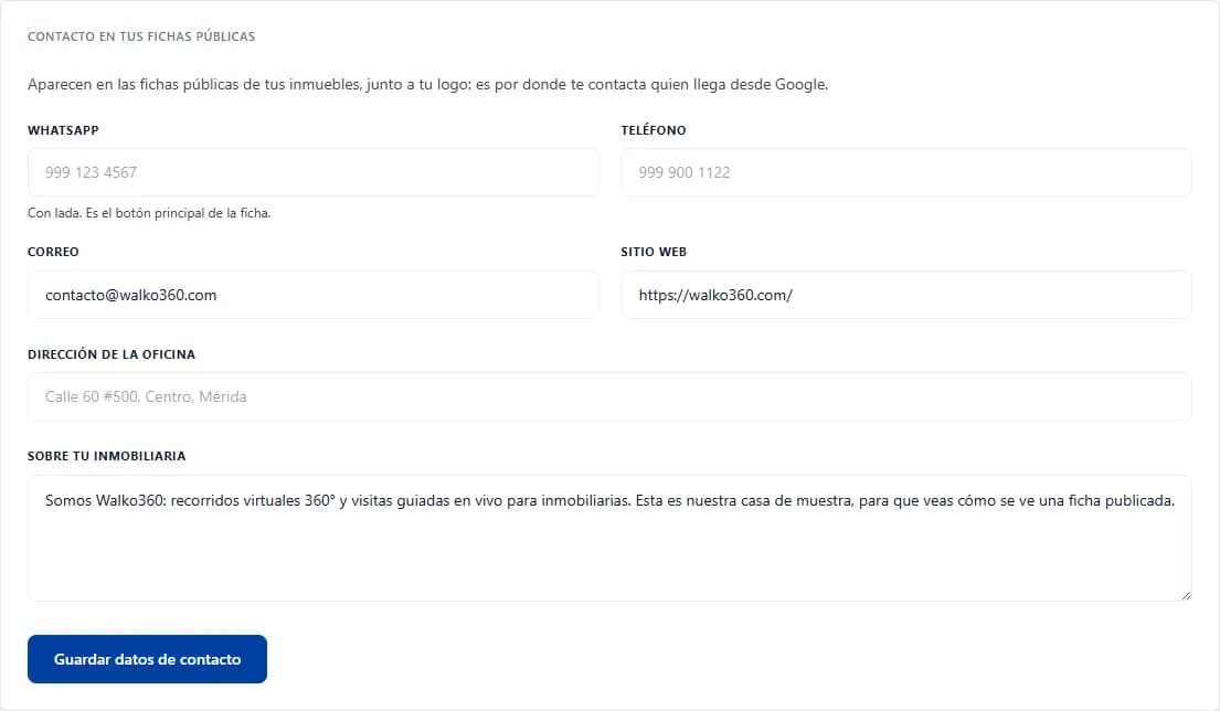 El formulario «Contacto en tus fichas públicas» con el correo, el sitio web y el texto de «Sobre tu inmobiliaria»