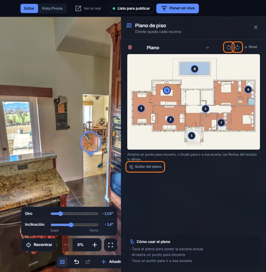 Los botones para girar el plano y «Quitar del plano», marcados en el panel