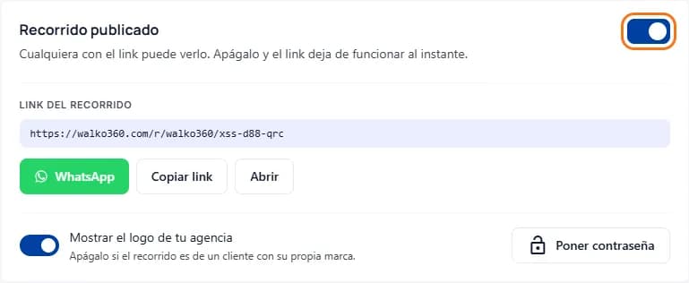 La tarjeta «Recorrido publicado» con el interruptor marcado, el link del recorrido y los botones WhatsApp, «Copiar link» y «Abrir»