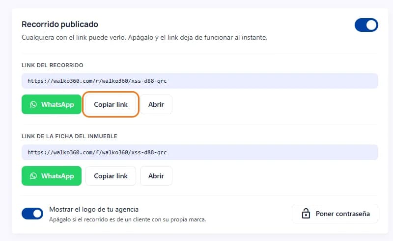 La tarjeta «Recorrido publicado» con el botón «Copiar link» marcado