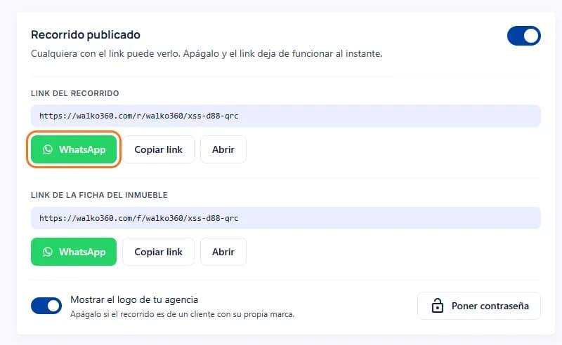 La tarjeta «Recorrido publicado» con el botón de WhatsApp marcado