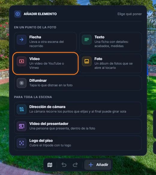 El menú «Añadir elemento» con la opción «Video» marcada