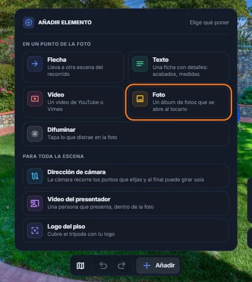 El menú «Añadir elemento» con la opción «Foto» marcada