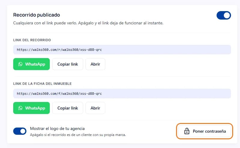 La tarjeta «Recorrido publicado» con el botón «Poner contraseña» marcado