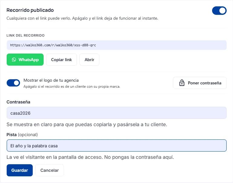La contraseña y su pista escritas en la tarjeta del recorrido, con «Guardar» y «Cancelar»