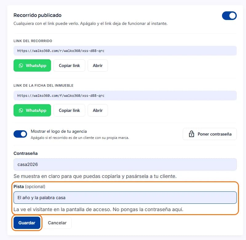 El campo «Pista» y el botón «Guardar», marcados debajo de la contraseña