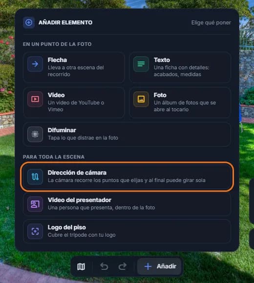 El menú «Añadir elemento» con la opción «Dirección de cámara» marcada