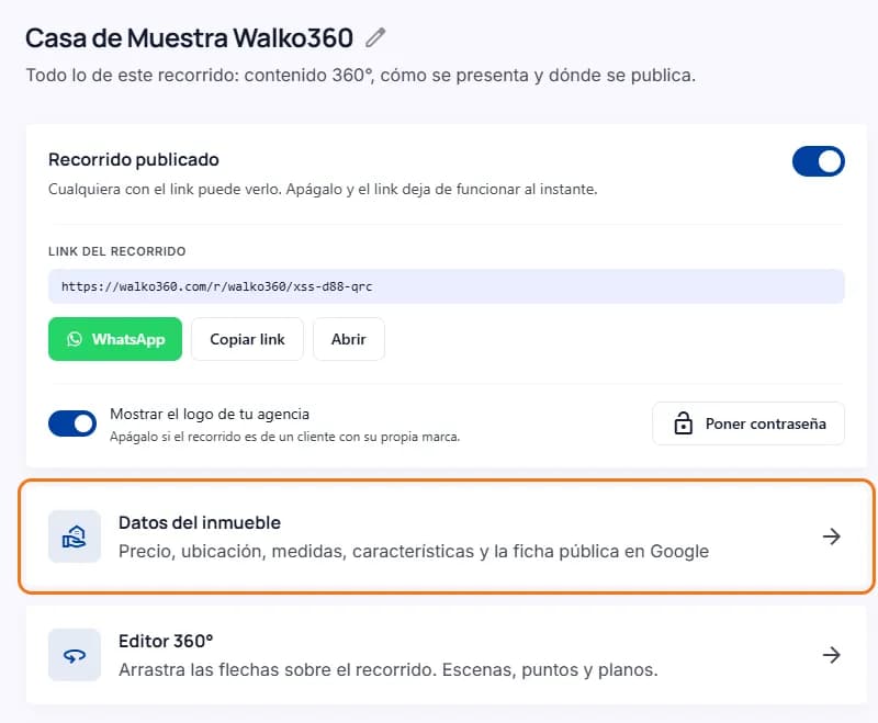 En la página del recorrido, la tarjeta «Datos del inmueble» marcada, debajo de «Recorrido publicado»