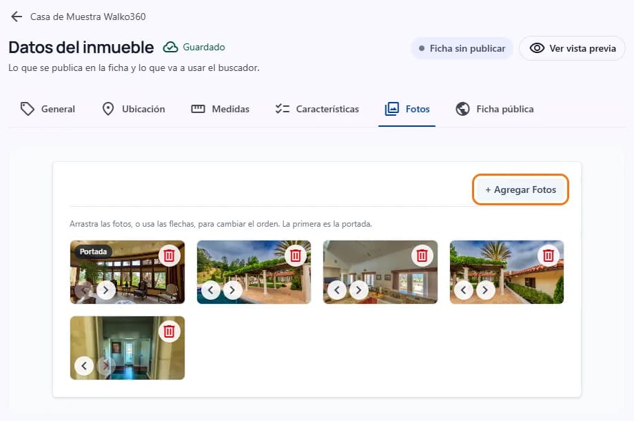 La pestaña «Fotos» con cinco fotos de la casa y el botón «+ Agregar Fotos» marcado; la primera es la portada