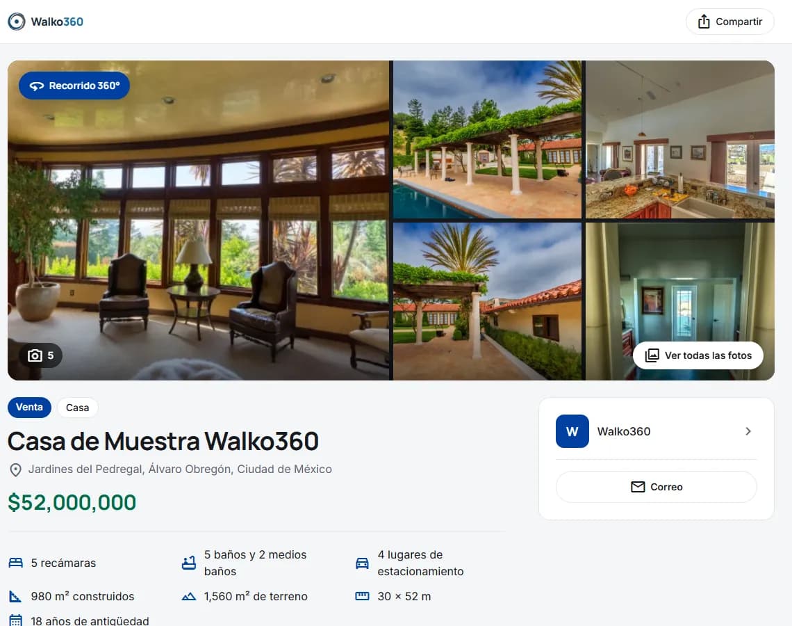 La ficha publicada: la galería de fotos con el botón del recorrido 360°, el precio, la zona y las medidas de la casa