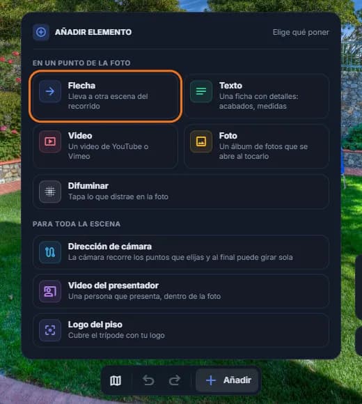El menú «Añadir elemento» con la opción «Flecha» marcada