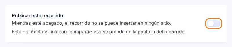 El interruptor «Publicar este recorrido» de «Insertar en tu web», marcado