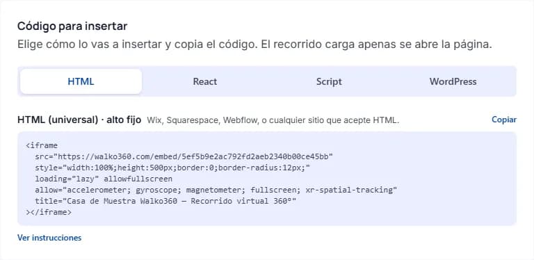 El «Código para insertar» con las pestañas HTML, React, Script y WordPress, y el código HTML listo para copiar