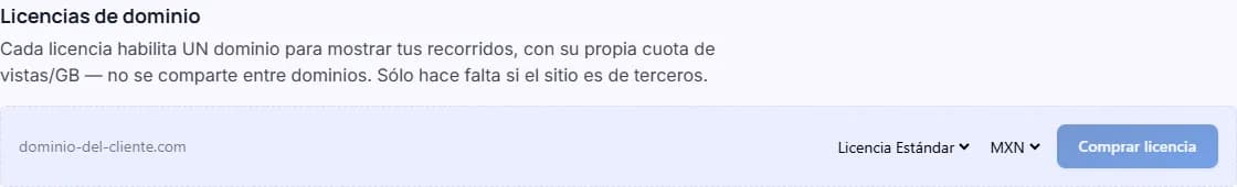 La sección «Licencias de dominio», con el campo del dominio y el botón «Comprar licencia»