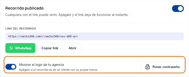 En la tarjeta del recorrido, el interruptor «Mostrar el logo de tu agencia» marcado