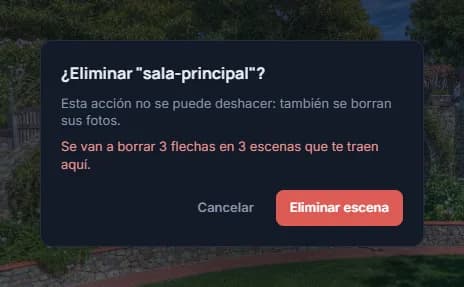 La confirmación para eliminar la escena «sala-principal», que avisa cuántas flechas se van a borrar