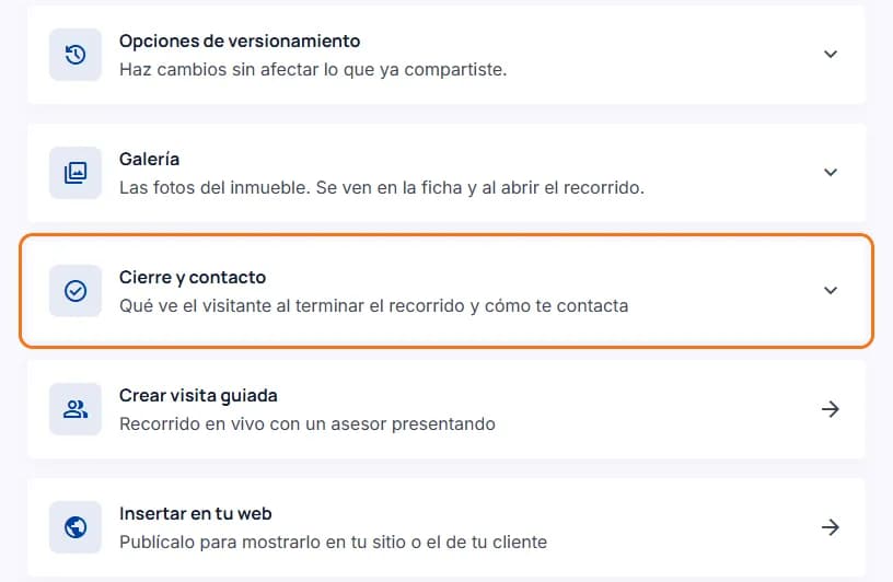 La tarjeta «Cierre y contacto» marcada en la página del recorrido