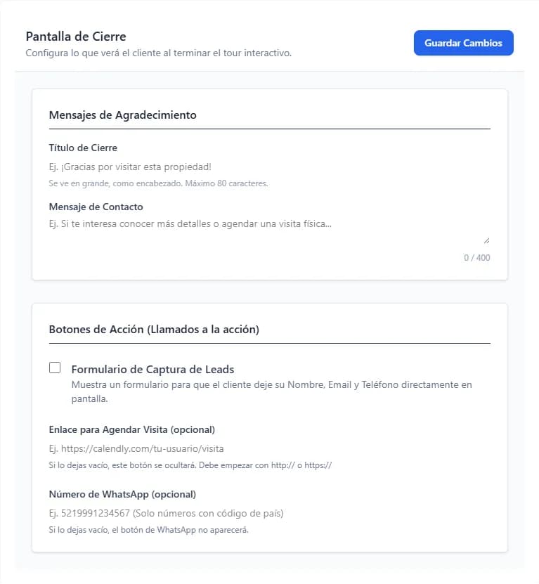 La configuración de la «Pantalla de Cierre»: los mensajes, el formulario de leads, el enlace para agendar y el WhatsApp