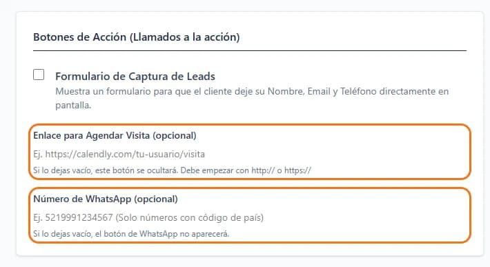 Los campos «Enlace para Agendar Visita» y «Número de WhatsApp», marcados