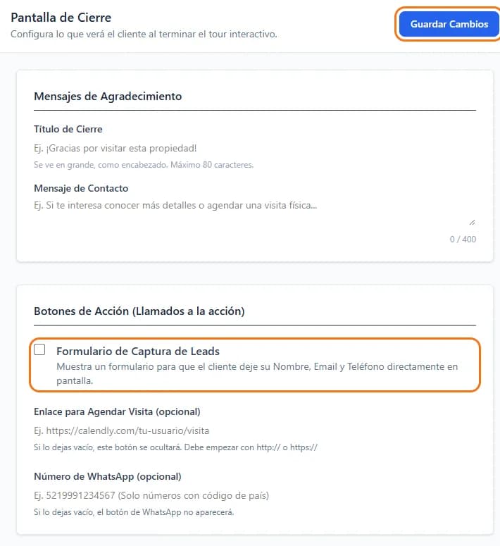 La casilla «Formulario de Captura de Leads» y el botón «Guardar Cambios», marcados