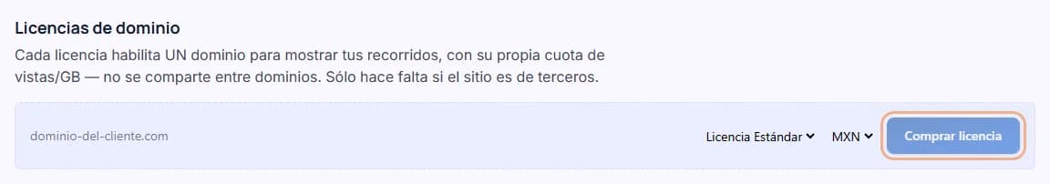 La sección «Licencias de dominio» con el botón «Comprar licencia» marcado