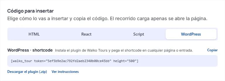 La pestaña «WordPress» con el shortcode del recorrido y el enlace «Descargar el plugin (.zip)»