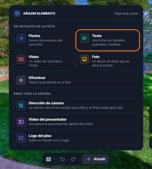 El menú «Añadir elemento» con la opción «Texto» marcada