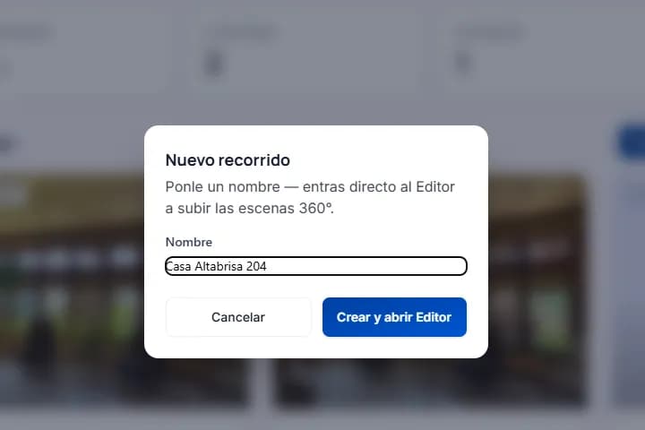 La ventana «Nuevo recorrido» con el nombre «Casa Altabrisa 204» y el botón «Crear y abrir Editor»