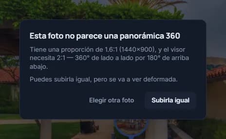 El aviso «Esta foto no parece una panorámica 360», con su proporción y los botones «Elegir otra foto» y «Subirla igual»