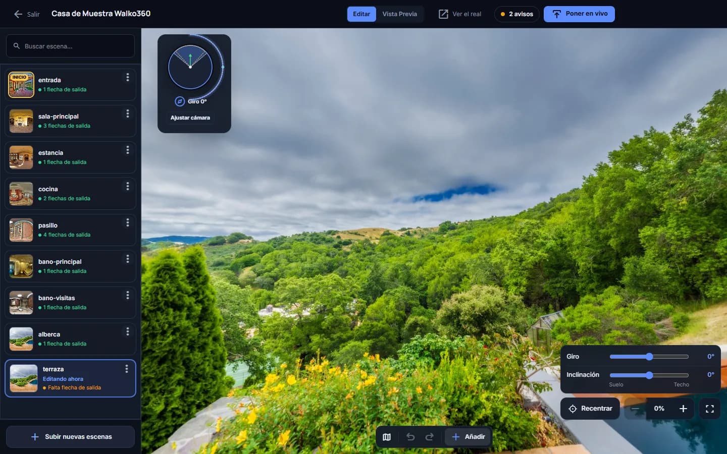 La escena nueva, «terraza», al final de la lista y abierta en el editor, con el aviso «Falta flecha de salida»