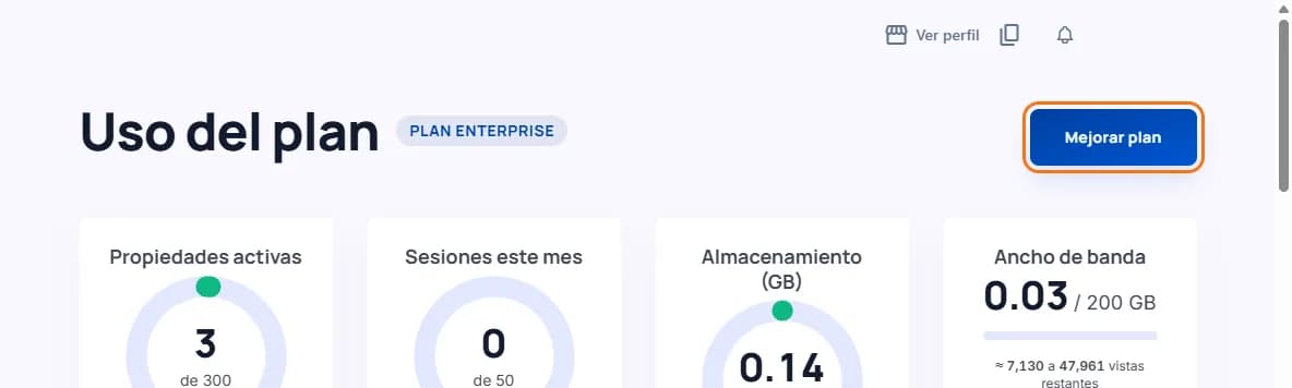 La página «Uso del plan» con el botón «Mejorar plan» marcado