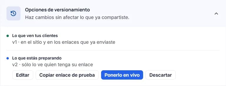 La v1 sigue como lo que ven tus clientes y la v2 aparece en preparación, con «Editar», «Copiar enlace de prueba», «Ponerlo en vivo» y «Descartar»