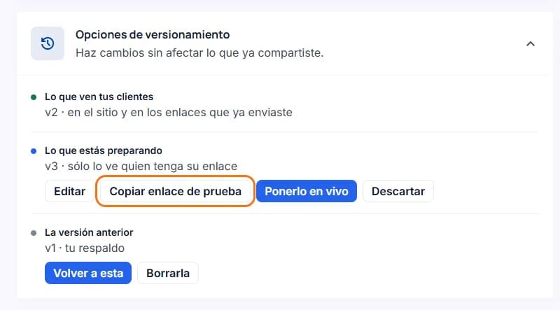 «Opciones de versionamiento» con el botón «Copiar enlace de prueba» marcado en la versión que preparas