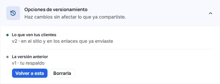 La v2 es lo que ven tus clientes y la v1 queda como versión anterior, con «Volver a esta» y «Borrarla»