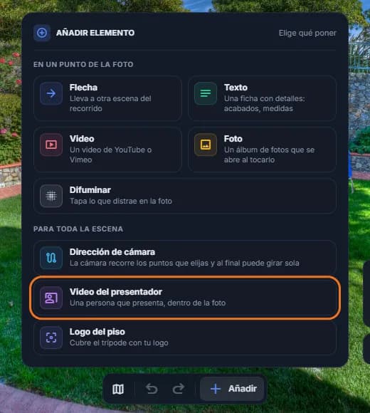 El menú «Añadir elemento» con la opción «Video del presentador» marcada
