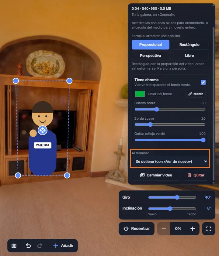 El menú «Al terminar» del video del presentador, marcado