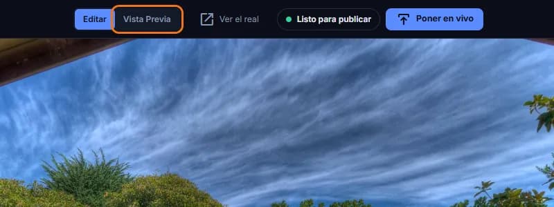 La barra de arriba del editor con el botón «Vista Previa» marcado